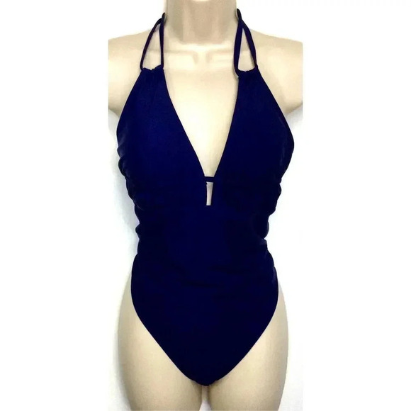 NWT Cupshe Womens Navy Blue Tempest Shirred Tunneled One-Piece Swimsuit Large‎ - Picture 2 of 11